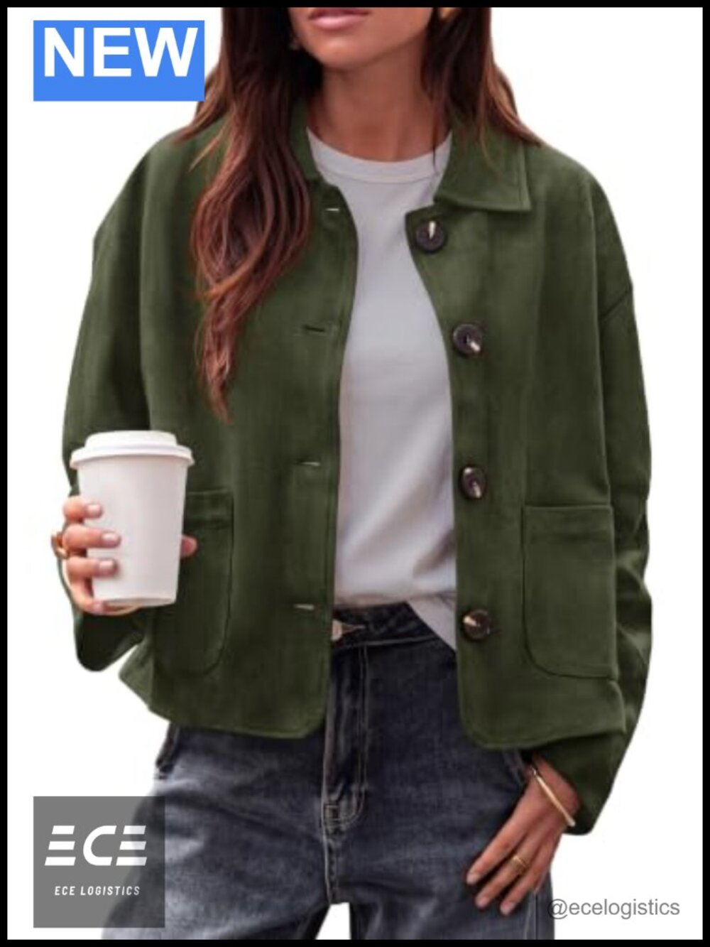 Faux Suede Cropped Jacket Button Front Collar Women Casual Fall